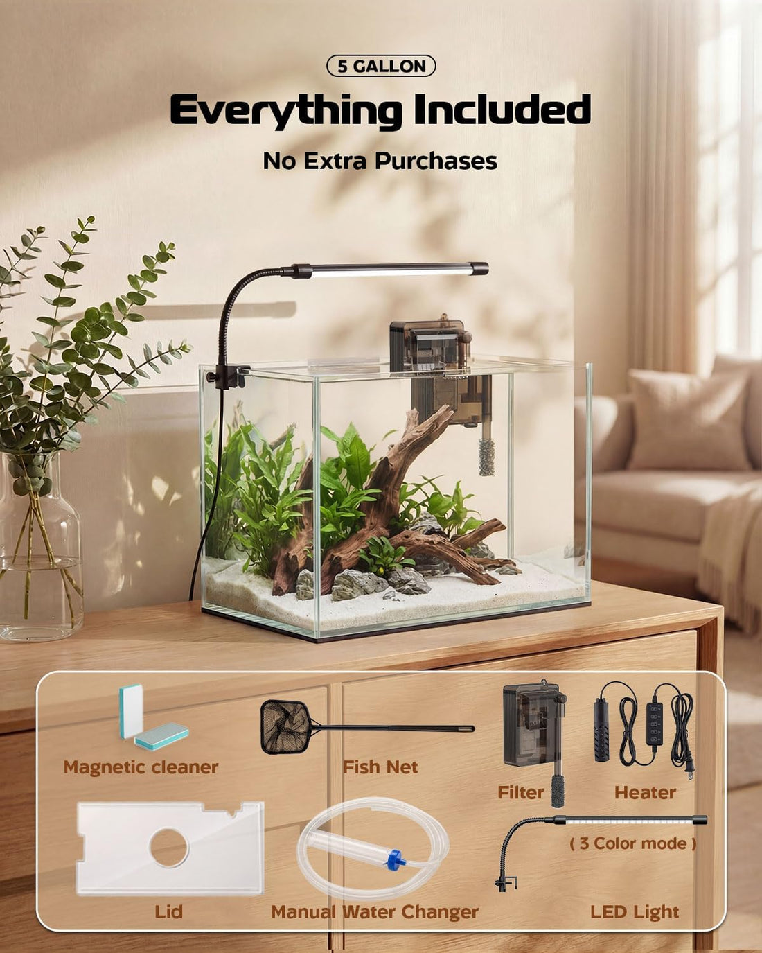 5 Gallon Glass Aquarium Starter Kit, Rimless Fish Tank