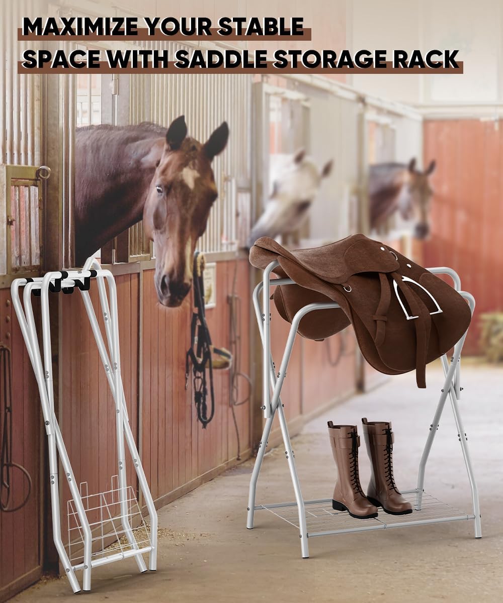 Queension Foldable Saddle Rack with Bottom Storage for Horse Stable