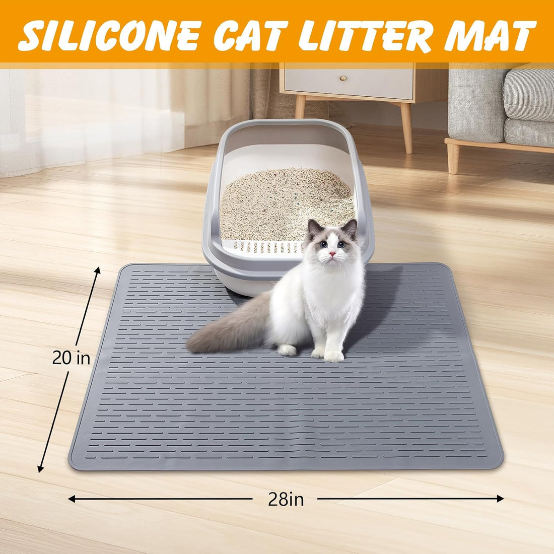 Silicone Cat Litter Mat, Waterproof, Raised Edge, 28 x 20 in, Gray
