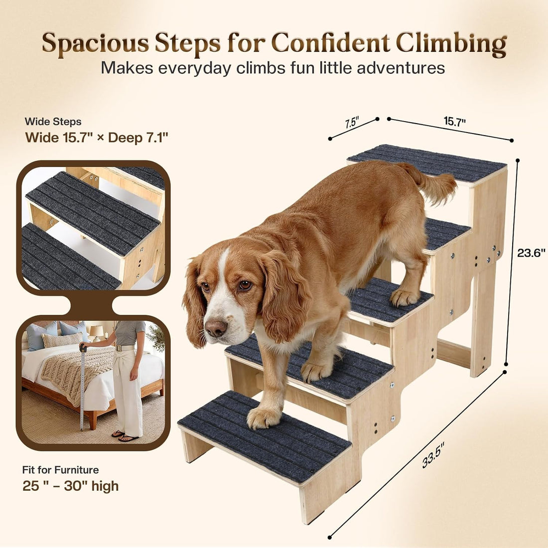 5-Step Wooden Dog Steps for Bed, Anti-Slip Dog Stairs with Carpet Pads
