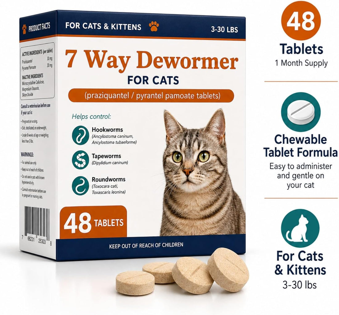 7 Way Dewormer for Cats, Large and Small Cats Dewormer,48 Tablets
