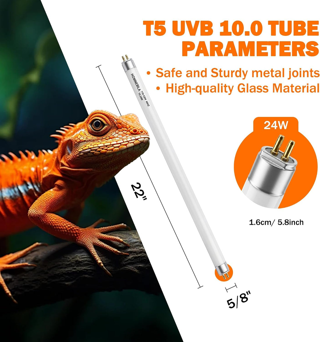 T5 10.0 UVB Reptile Light Bulb, 24W 22" 2-Pack for Bearded Dragon
