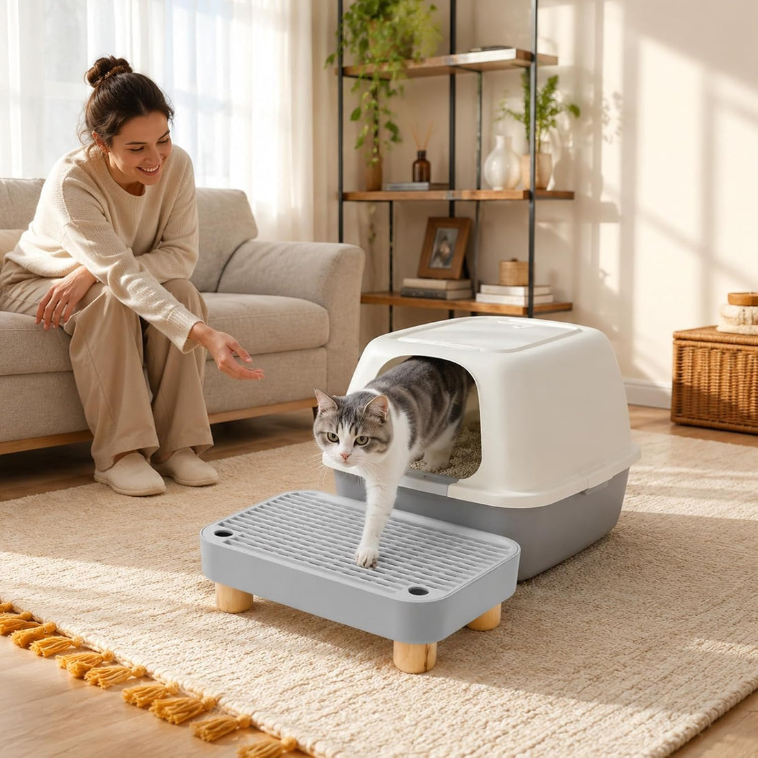 Litter Box Step Wooden Base Gray 11.8x7.9in Pet Stairs