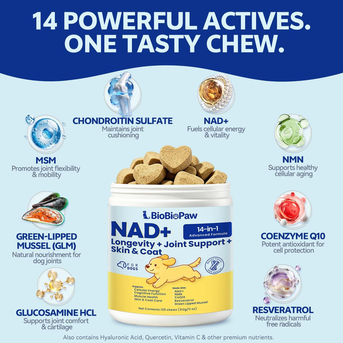 NAD+ Senior Dog Supplement - 14-in-1 NMN Longevity, 125 Soft Chews