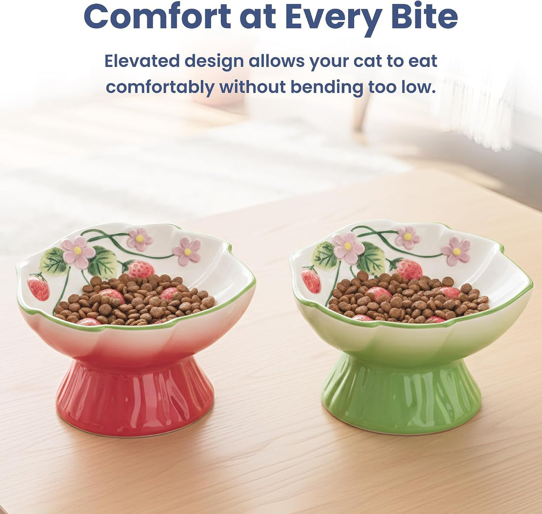 Elevated Cat Food Bowl with Strawberry Blooms by PawsPik
