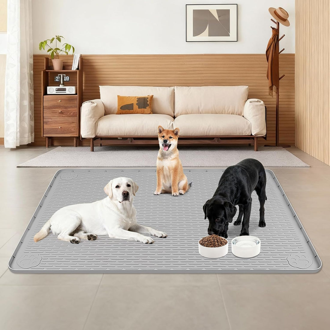 Dog Food Mat 50" x 35" Large Silicone Mat with Raised Edge Gray