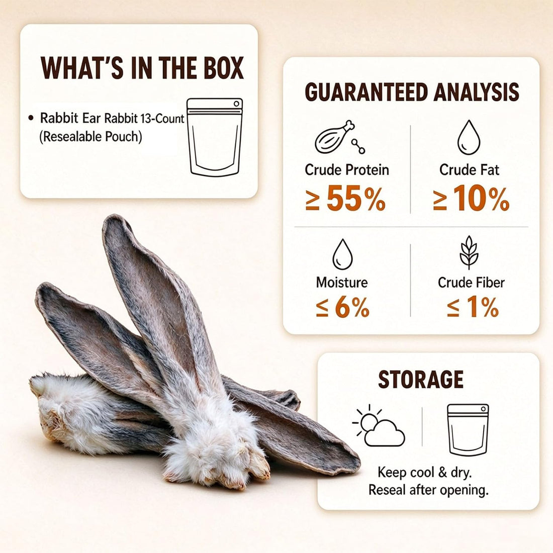 Freeze Dried Rabbit Ear, Single Ingredient Dog Chew, with Fur