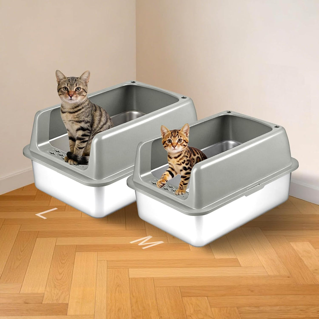 Kirecoo 2 Pack Medium Semi-Enclosed Stainless Steel Cat Litter Box