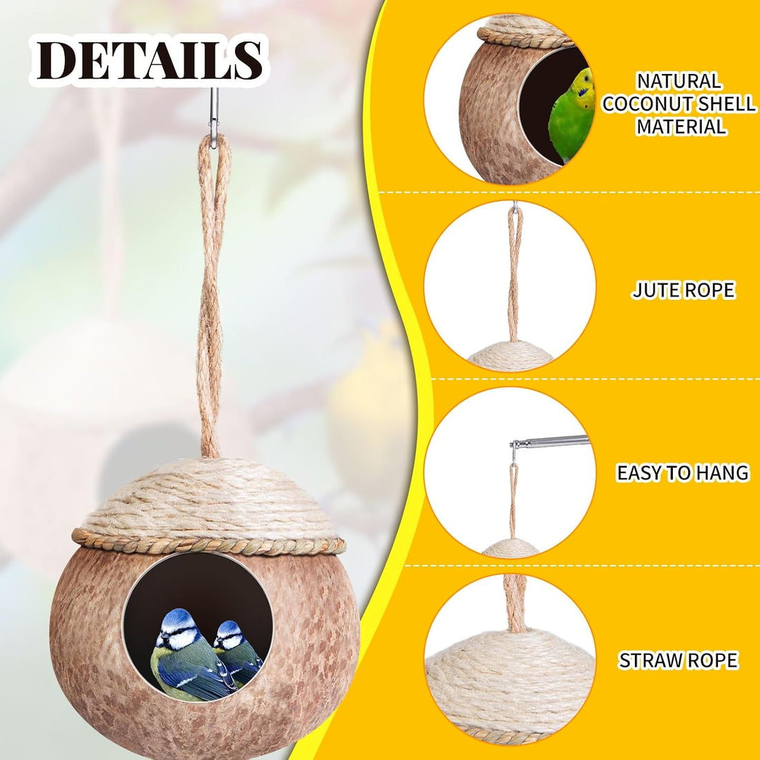 Suzile 3 Pcs Natural Coconut Bird Nest for Cage Hanging Birds House