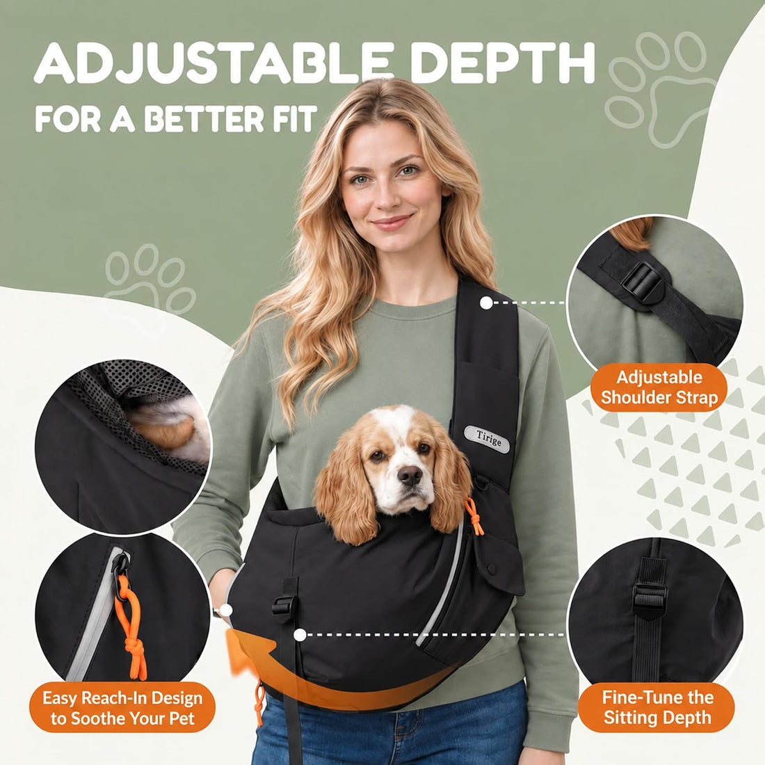Dog Sling Carrier, Adjustable Depth, 3 Pockets, Medium