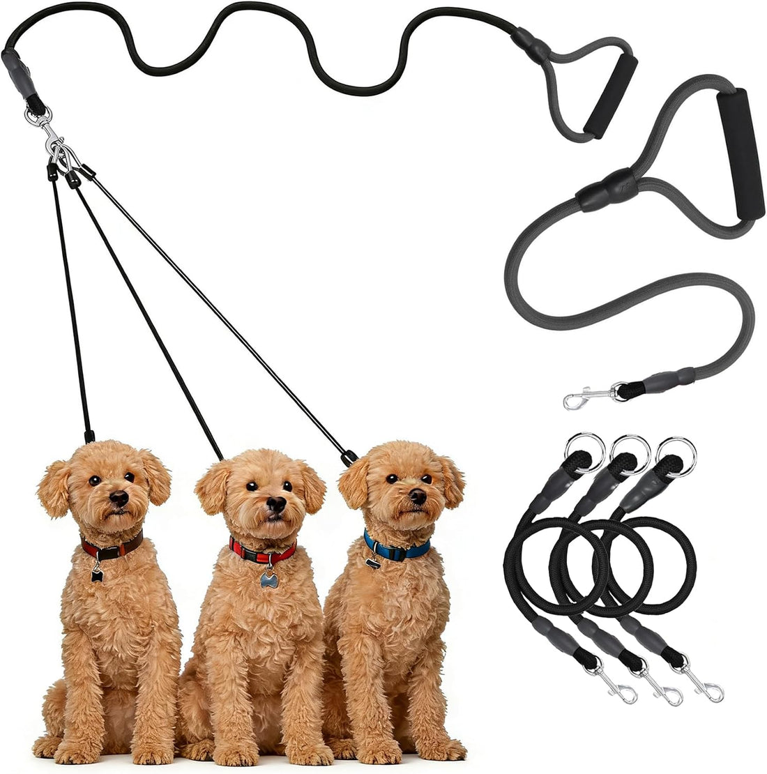 3‑Way No‑Tangle Dog Leash, 360° Swivel Heavy Duty for 2‑3 Pets