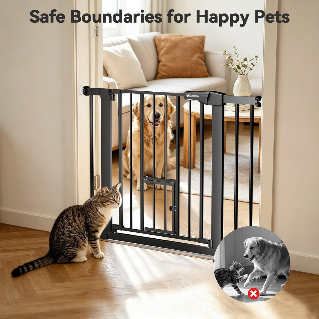 COMOMY Auto Close Pet Gate with Cat Door