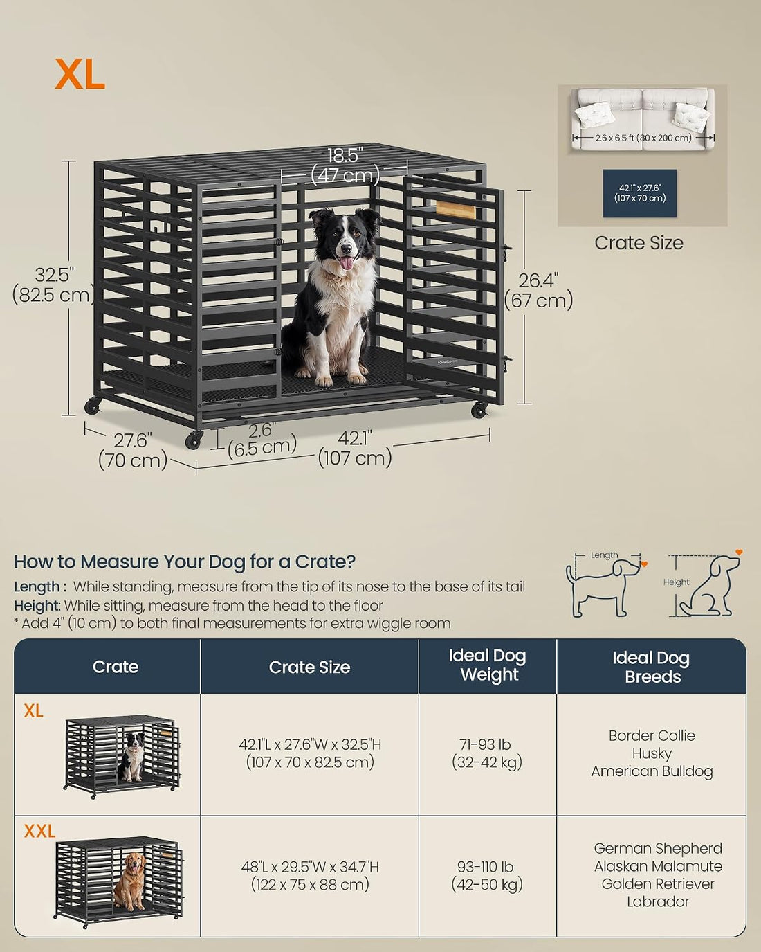 SONGMICS HOME 42.1" Heavy-Duty Dog Crate, XL Dog Cage with Lock Wheels