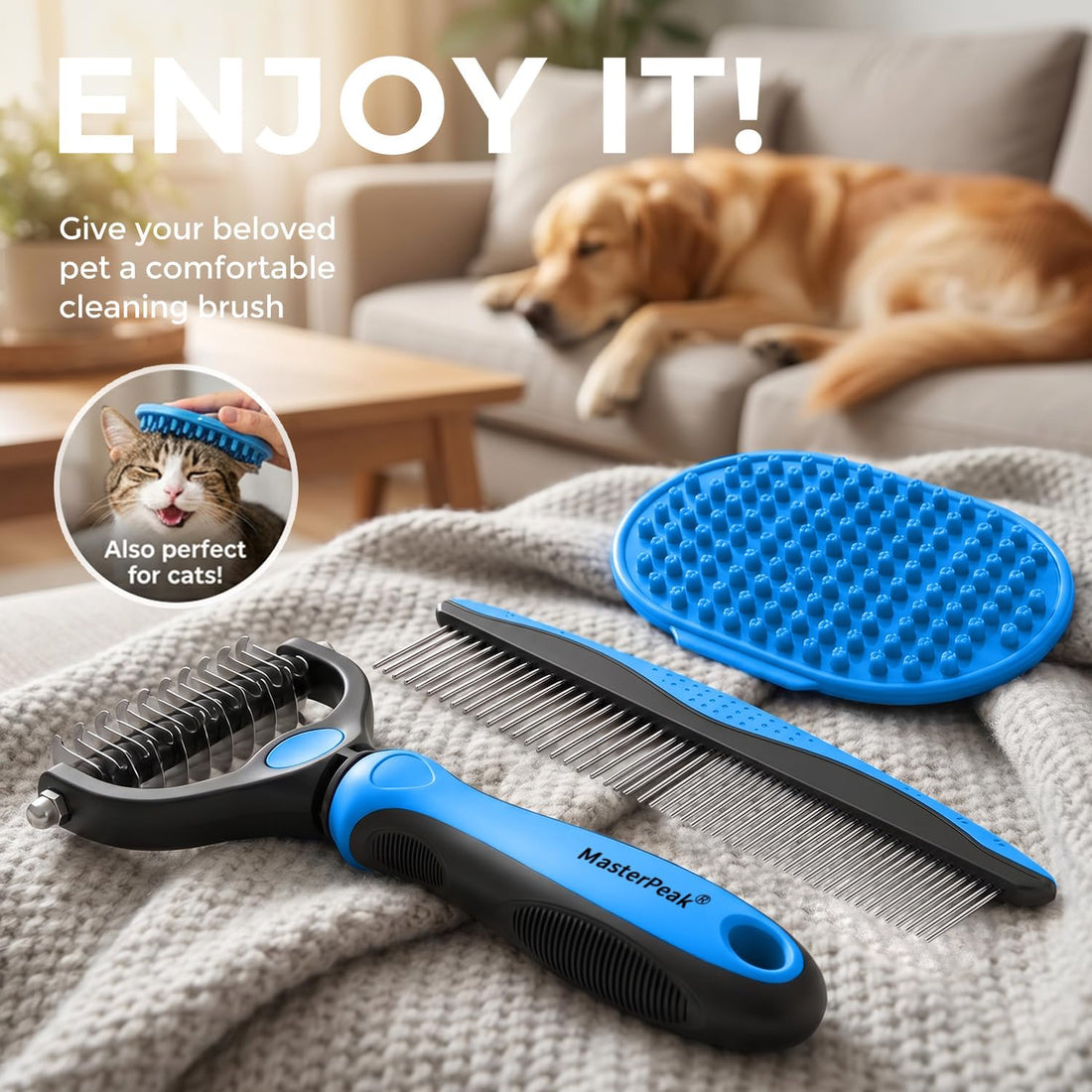 3-in-1 Pet Grooming Kit Rake Metal Comb & Bath Brush