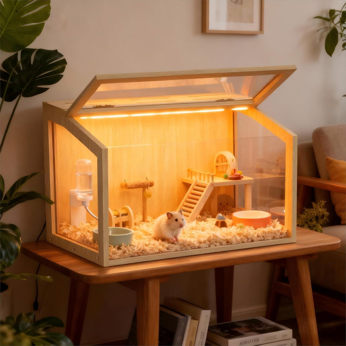 Hamster Cage: 24inch Wooden Small Animal Cage with Warm Light