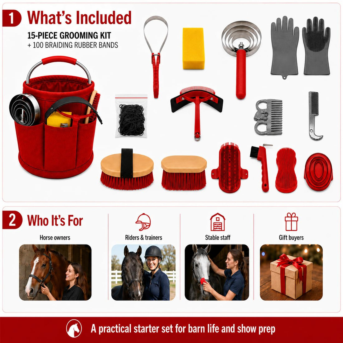 Horse Grooming Kit, 15-Piece Horse Brush Set with Red Tote Bag