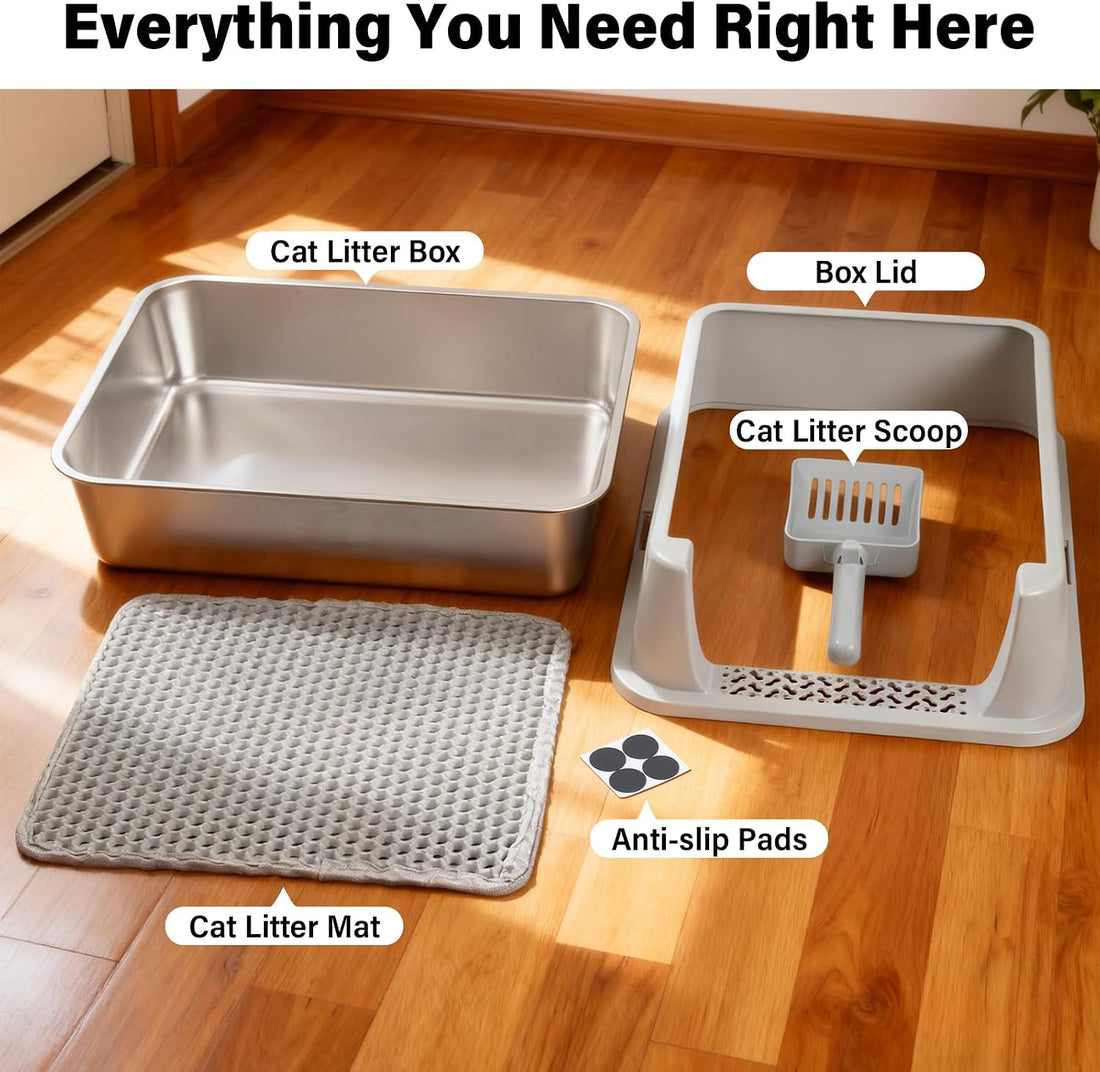 FUTAM Stainless Steel Litter Box with Lid, Metal Litter Box High Sides