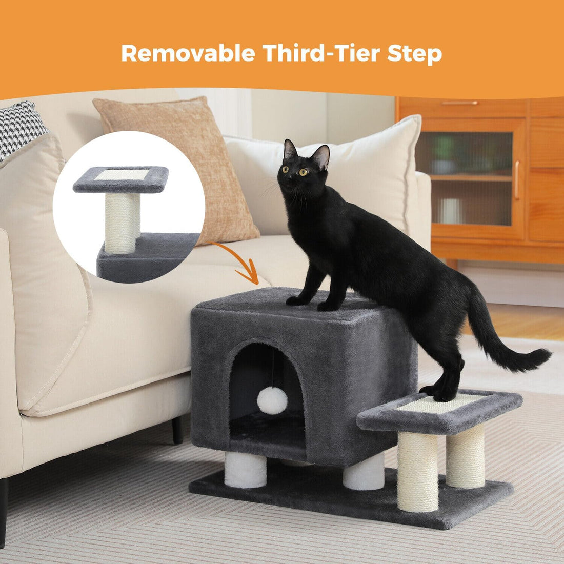 3-in-1 Cat Stairs with Scratching Post & Condo, Pet Steps