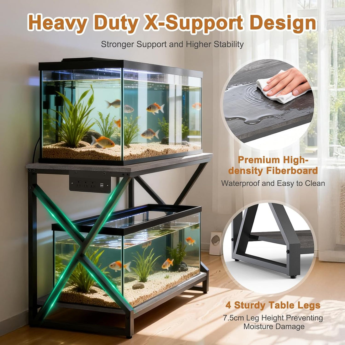 fishkeeper Heavy Duty 50 Gal Aquarium Stand with Charging Station
