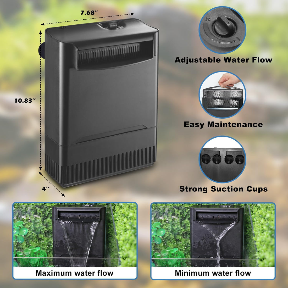 Turtle Tank Filter Aquarium Filter Power Adjustable 20-75 Gal. 290GPH