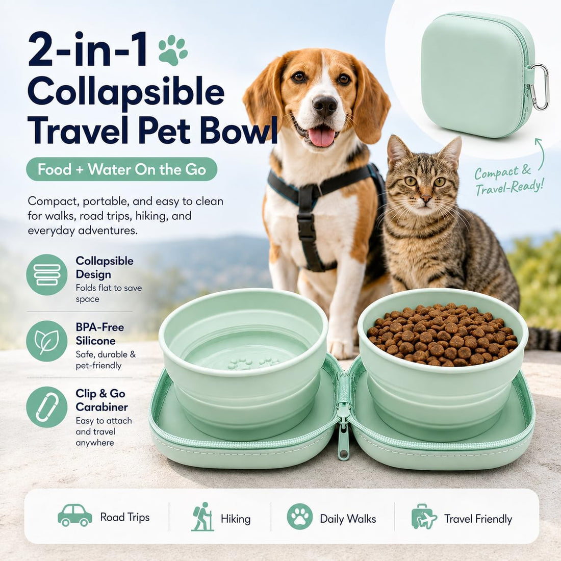 ZBBOPQ Portable Dog Bowl, Collapsible 2-in-1 Travel Dog Bowls