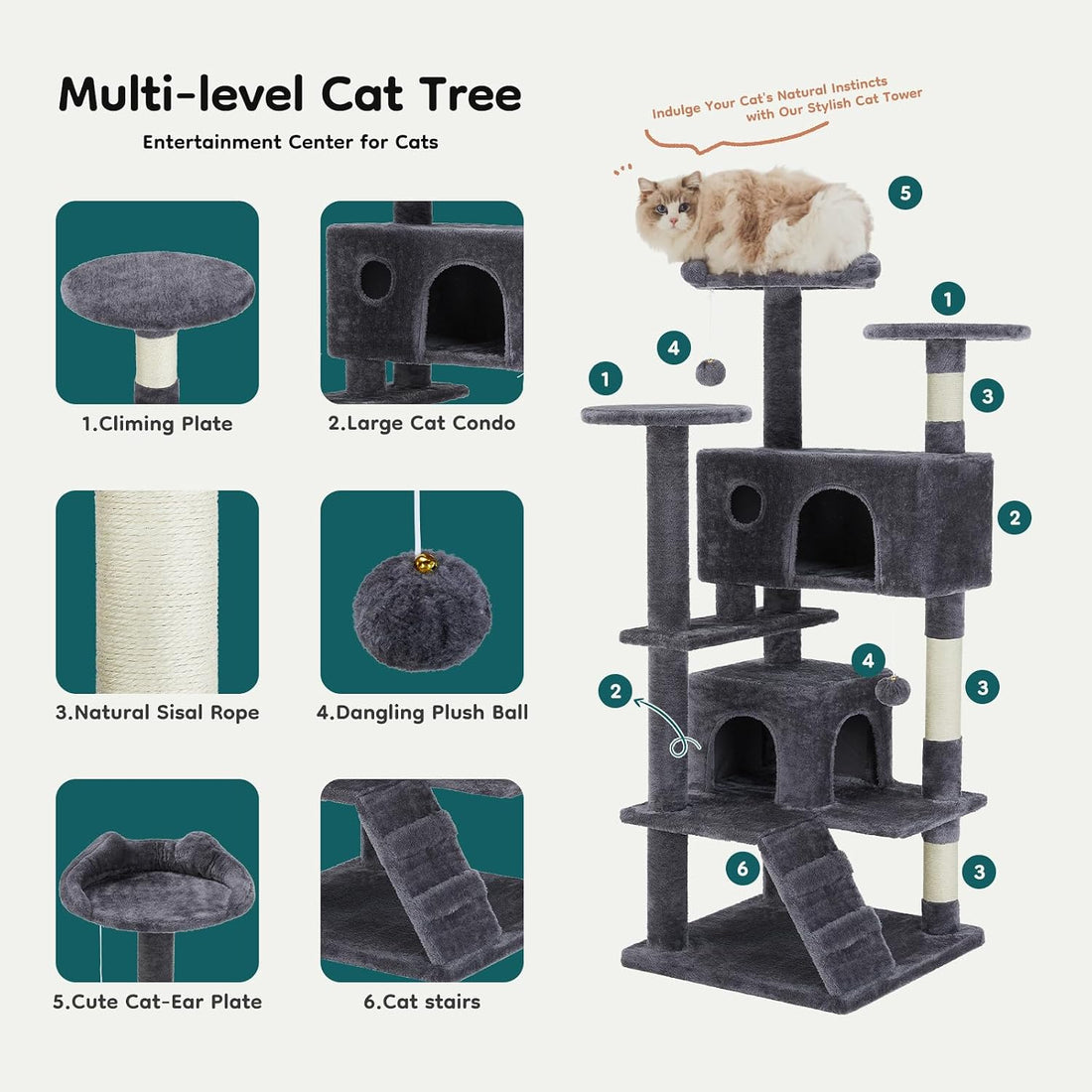 DUMOS 54 Inch Cat Tree Tower with Scratching Posts, Multi-Level