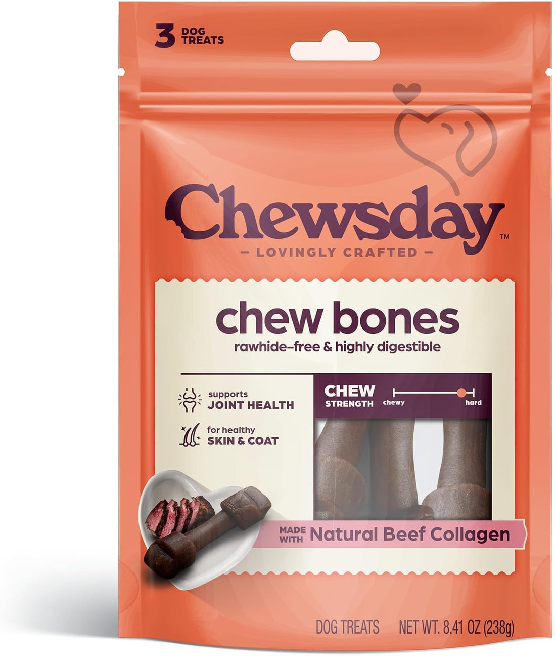 Chewsday, Dog Treats, Rawhide Free Chew Bones, 3 Count