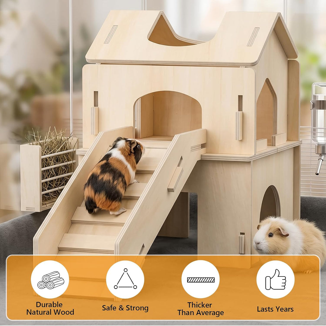 XiaZ Guinea Pig Hideout, Large Wooden Guinea Pig Castle with Stair