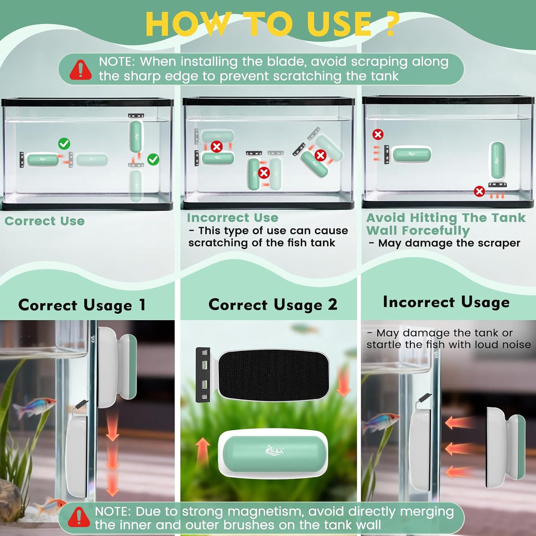 AQQA Magnetic Aquarium Glass Cleaner,Dual Blade Algae Scraper