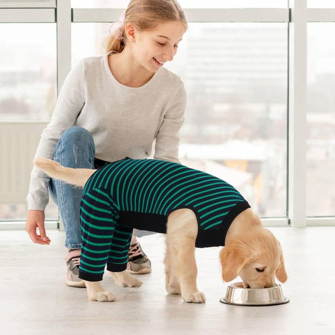 Kuoser Dog Recovery Suit with Anti Licking Rear Leg Sleeve, Green M