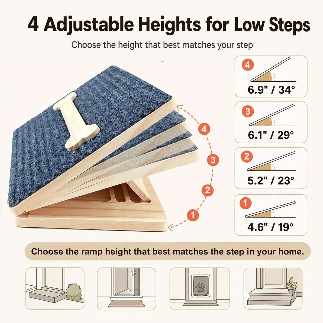 Dog Ramp for Stairs 2 Pack, 4-Level Adjustable Wooden Pet Steps