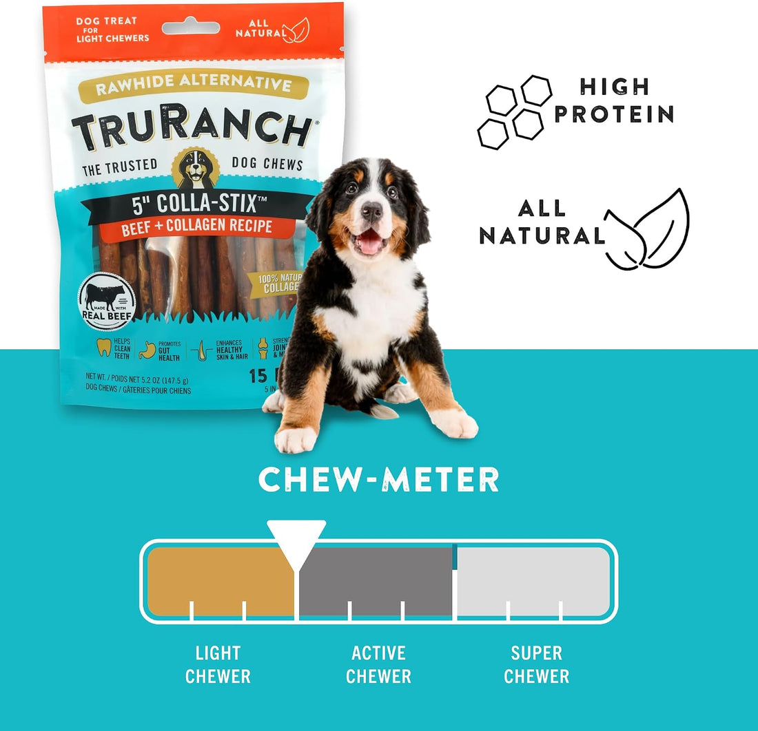 TRURANCH 5" Collagen Sticks for Dogs, Rawhide Free, Beef, 45 Ct