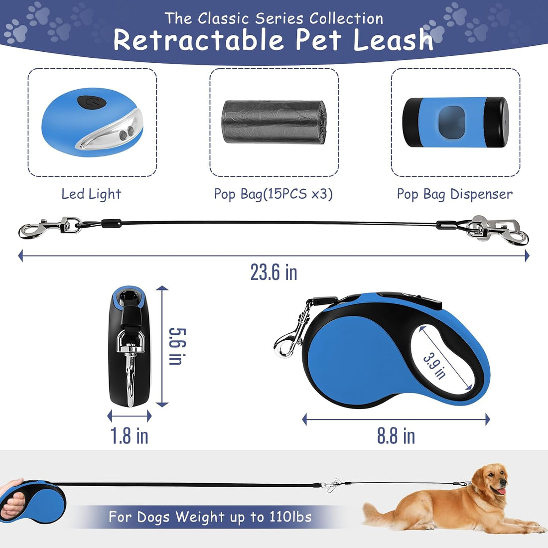 26Ft Retractable Dog Leash - for Dog Up to 110lbs