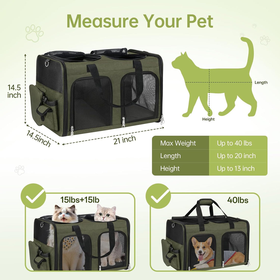Cat Carrier for 2 Cats Double Pet Carrier Extra Large Green 2026