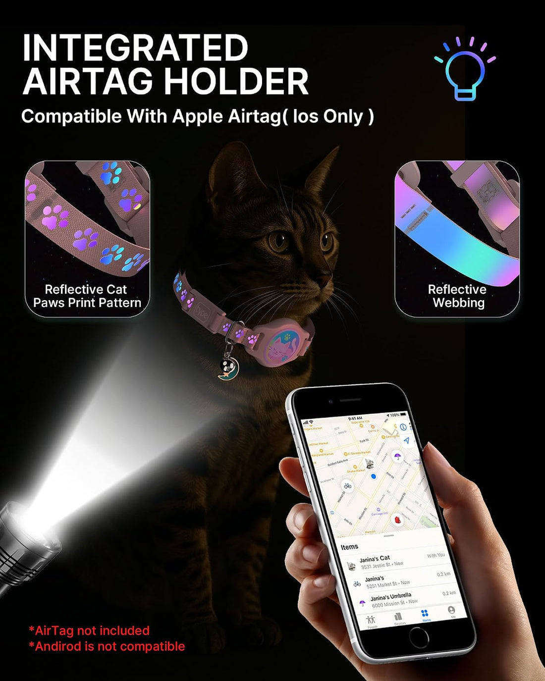 AirTag Cat Collar Breakaway, 2 Pack Cat Collar with Apple AirTag