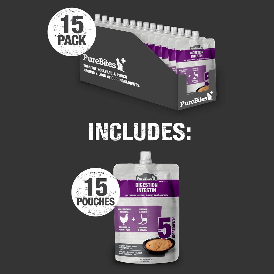 PureBites +Gut & Digestion Squeezable for Cats, 2.5 oz, Case of 15