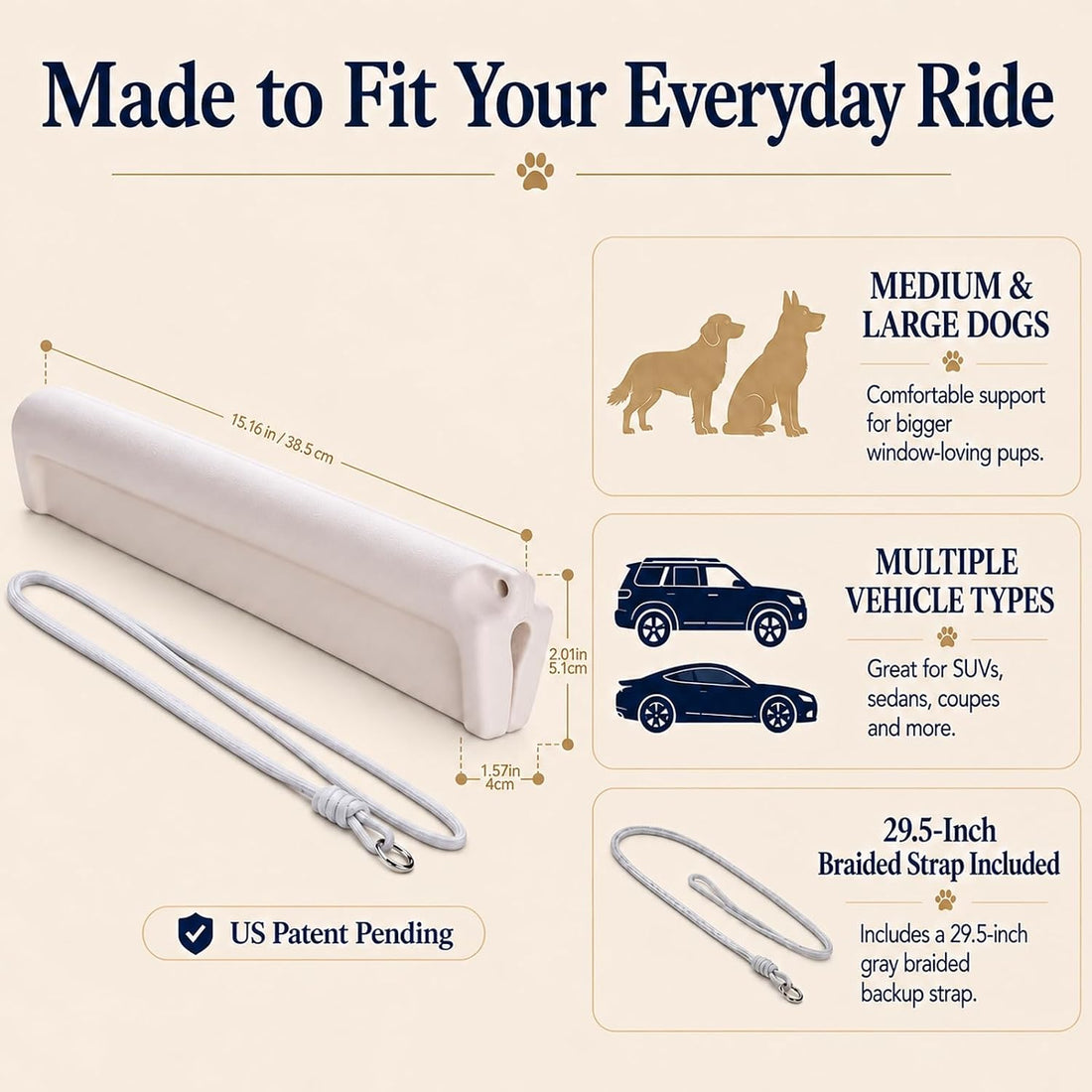 Dog Car Window Chin Rest, EVA Cushion with Headrest Strap, Beige