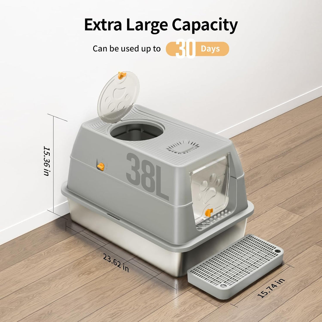 Stainless Steel Cat Litter Box with Removable Lid, XL Enclosed