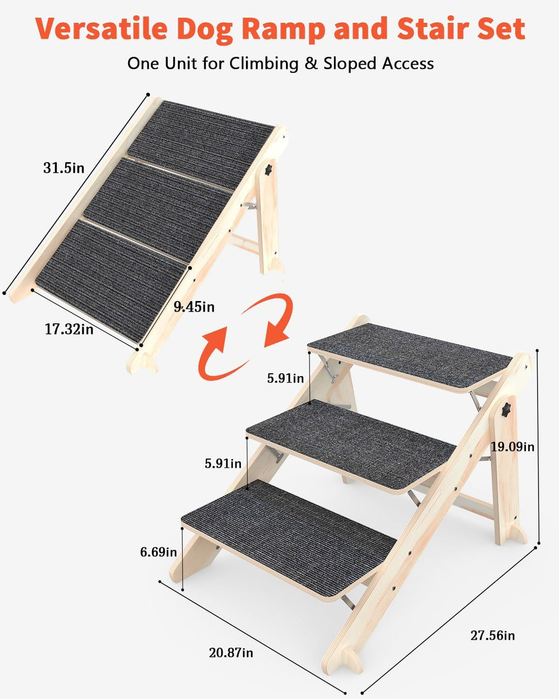 Woodure Foldable Dog Stairs, Convertible 3-Step Wooden Dog Ramp