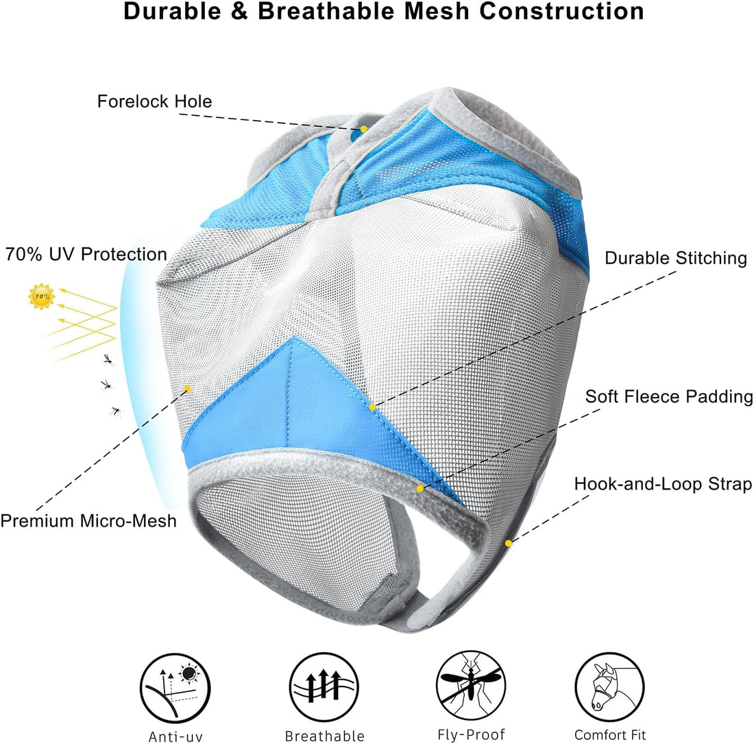 Horse Fly Mask Without Ears, UV Block Breathable Mesh (Blue, L)