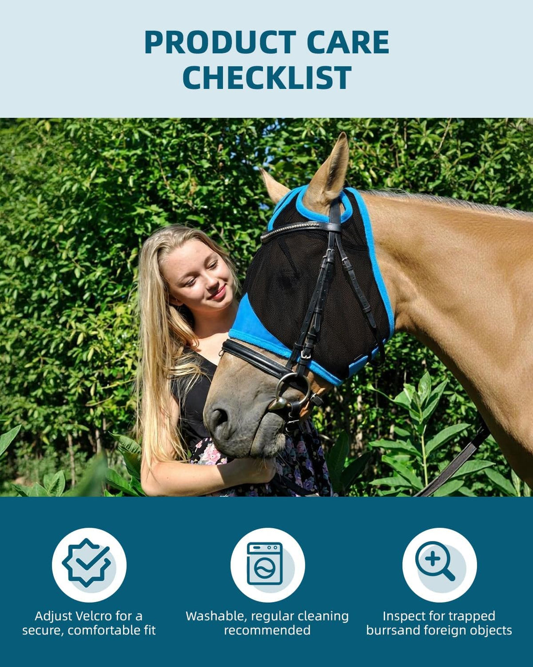 Hilltown Durable Fly Mask for Horses Without Ears - Full, Blue