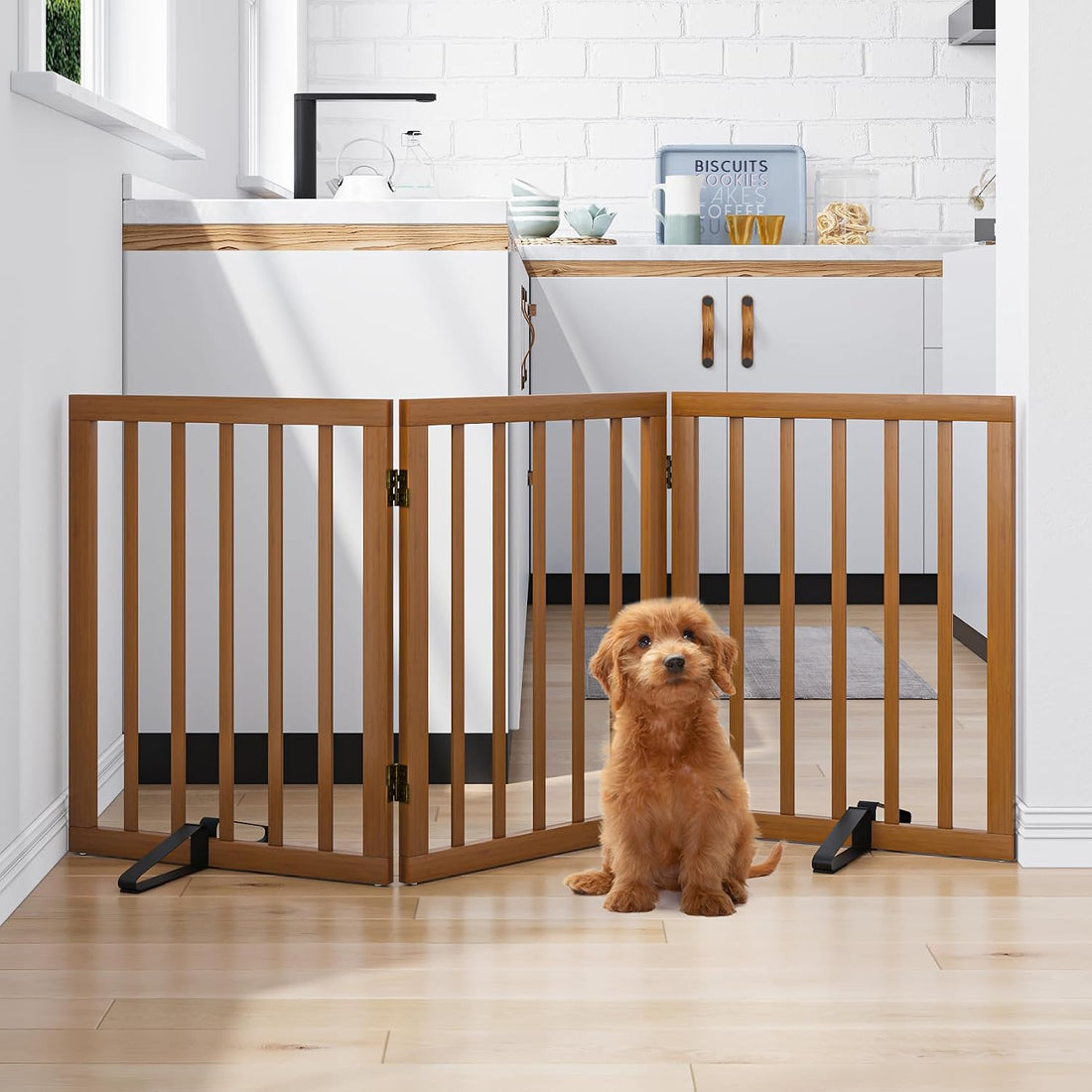 Mino Kesper Freestanding Pet Gate Foldable Dog Gate Walnut Bamboo Dog