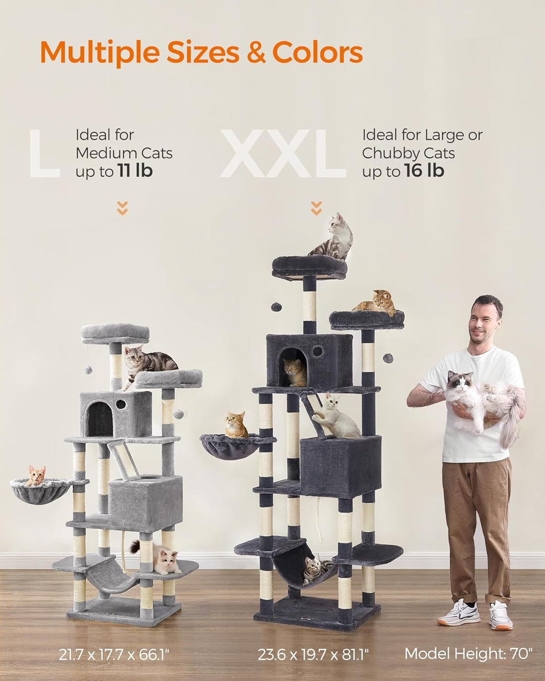 Feandrea Cat Tree, 81.1-Inch Large Cat Tower, Multi-Level Condo