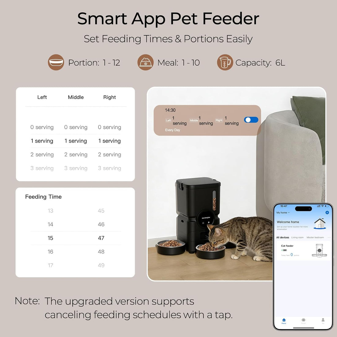 Automatic Cat Feeder for 3 Cats, 6L 2.4G WiFi Feeder, Slow Feed