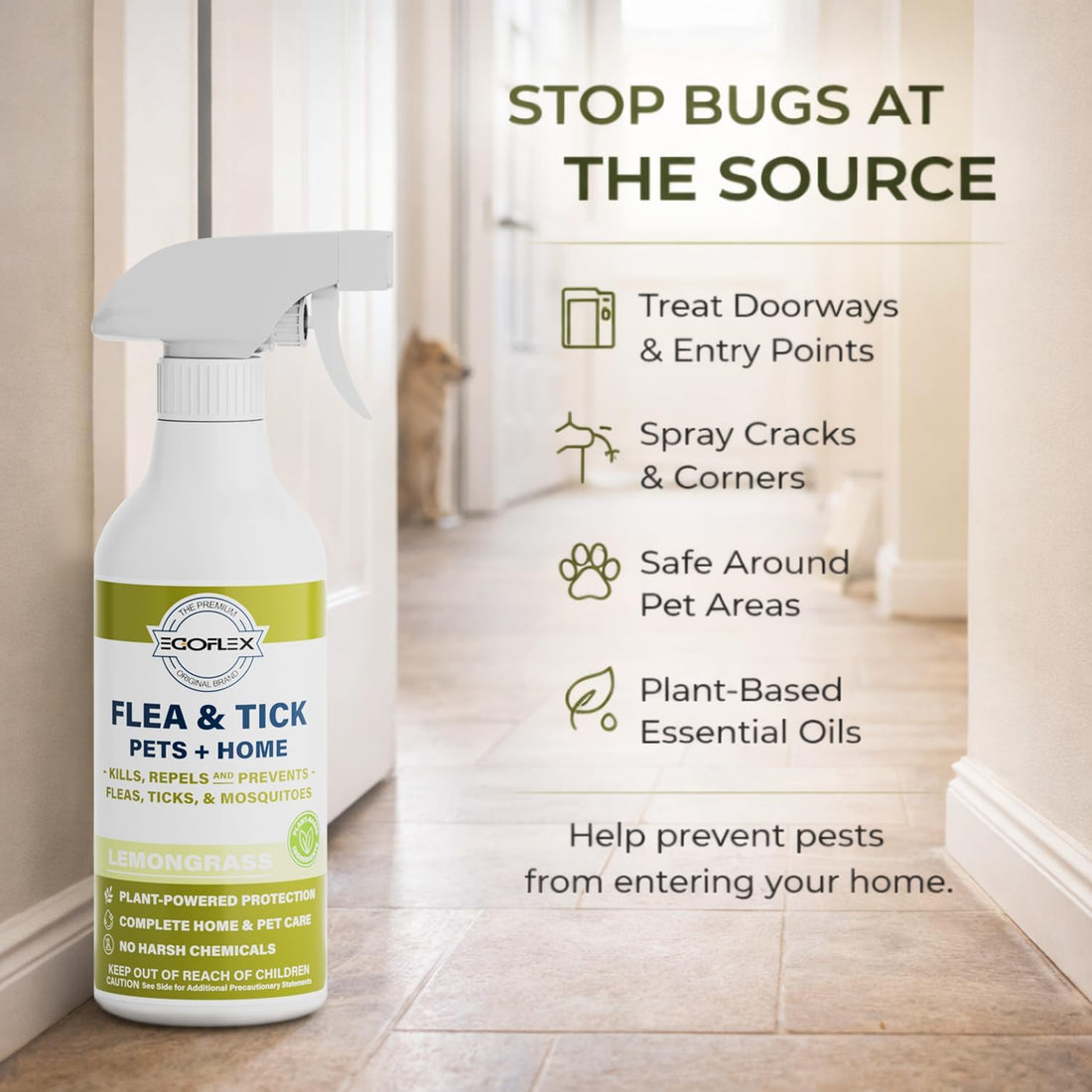 Flea Spray for Home & Pets Plant-Based Repellent with Lemongrass