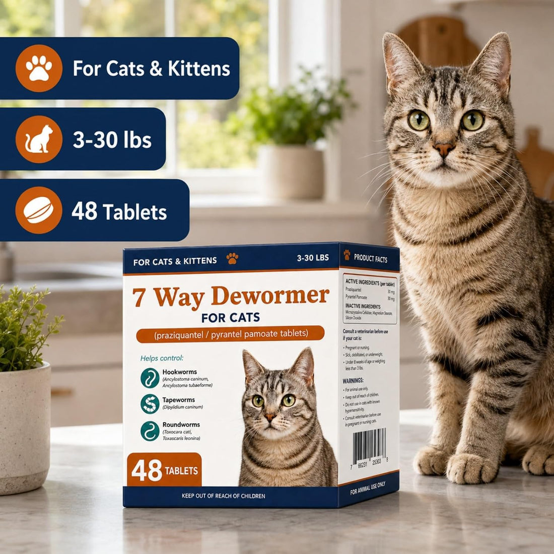 7 Way Dewormer for Cats, Large and Small Cats Dewormer,48 Tablets