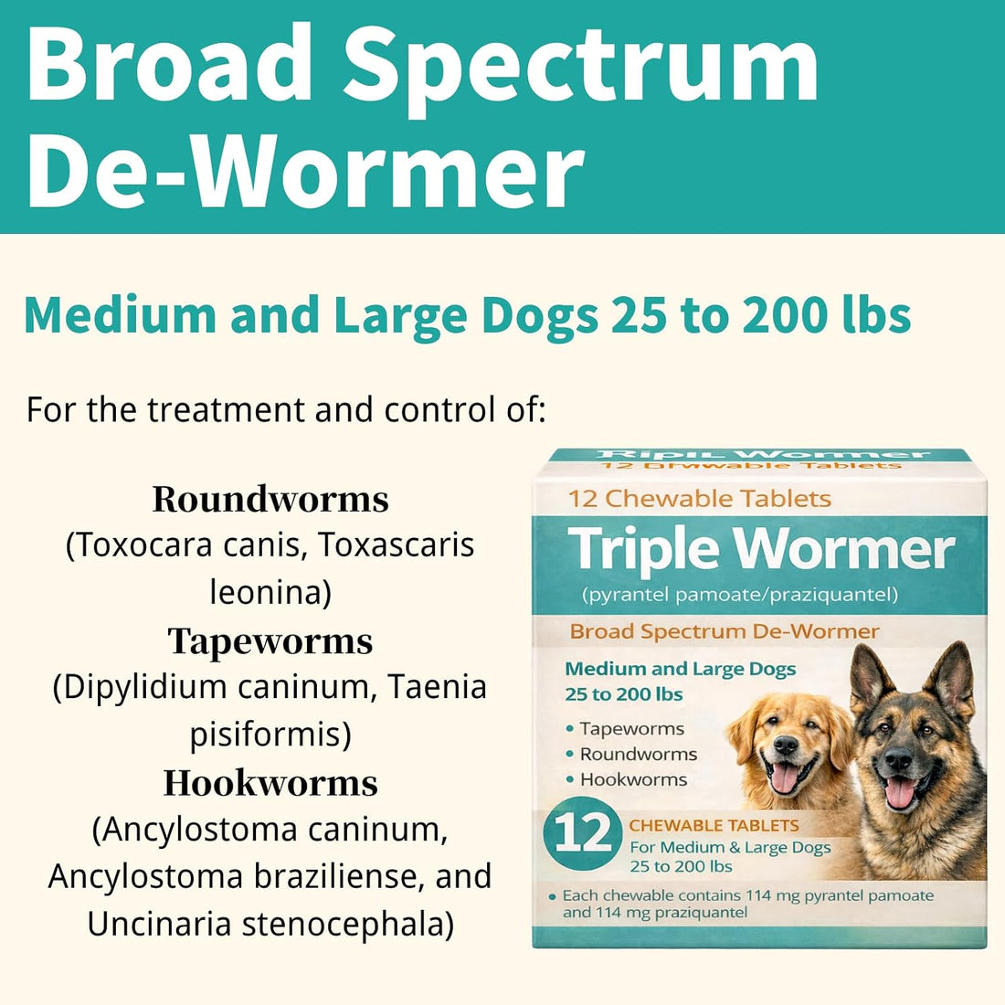 Pyrantel Pamoate and Praziquantel De-wormer Tablet for Medium & Large