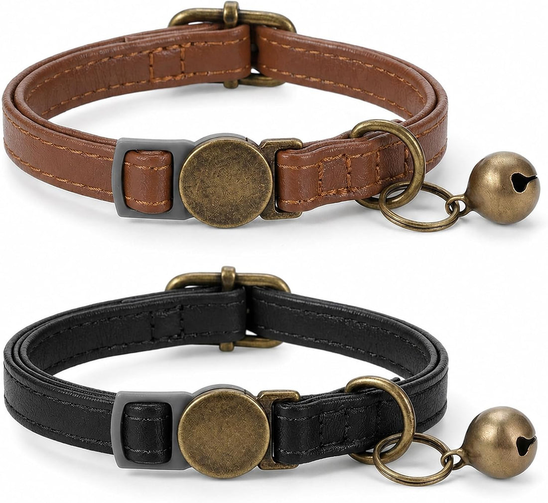 2 Pcs Leather Cat Collar Adjustable Breakaway Dog Collar with Bell