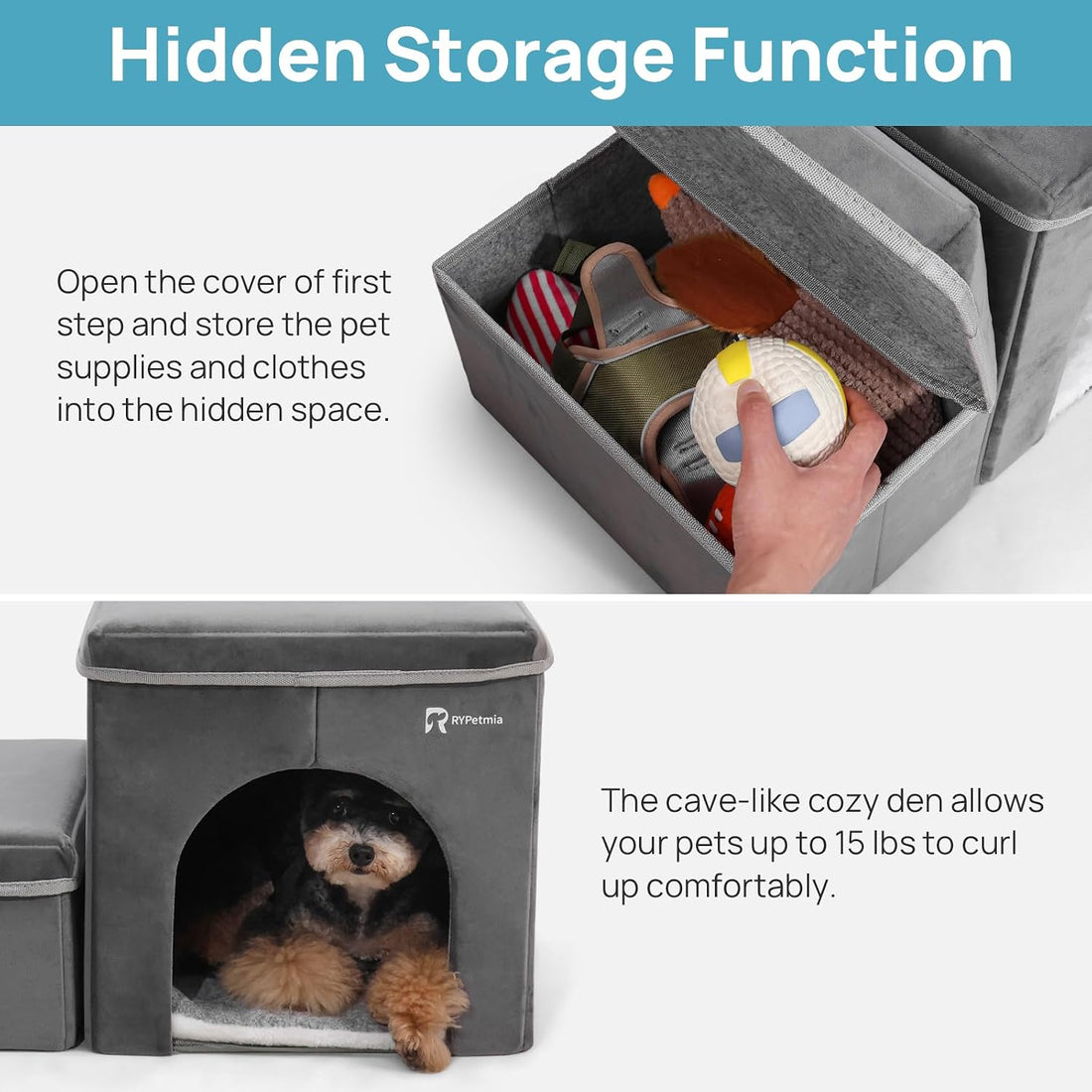 Foldable Pet Stairs with Cozy House & Storage