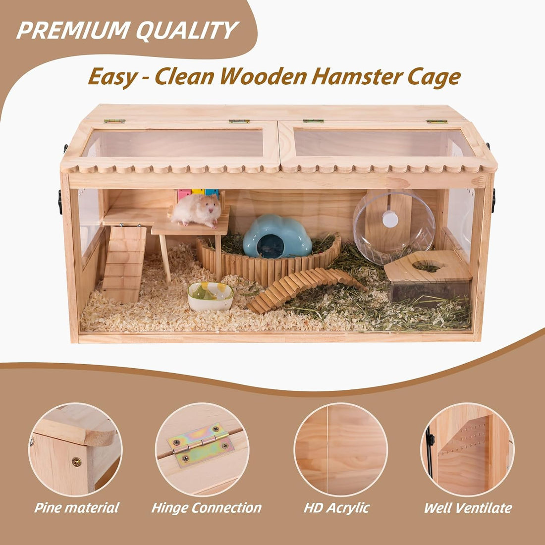 Wooden Hamster Cage,32"x16"x16"Large Hamster Cage,2 Washable Liners